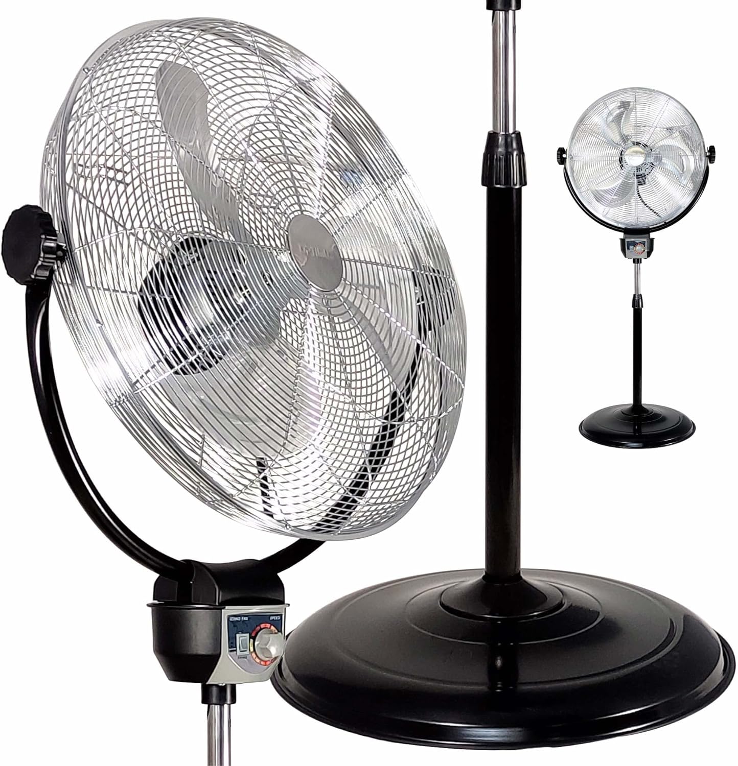 Optimus 20in Adjustable Industrial-Grade HV Oscillating Stand Fan With Chrome Grill, 30in x 24in, Black
