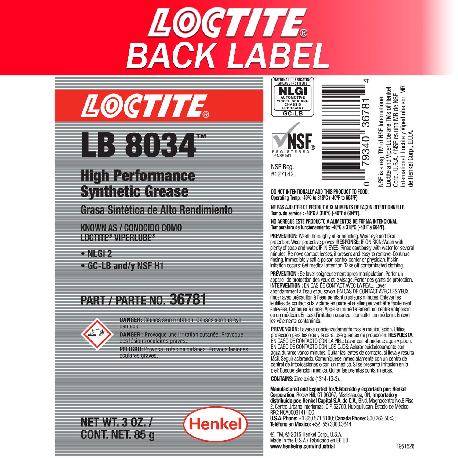 Loctite 36781 ViperLube High Performance Synthetic Grease Tube - 3 oz.
