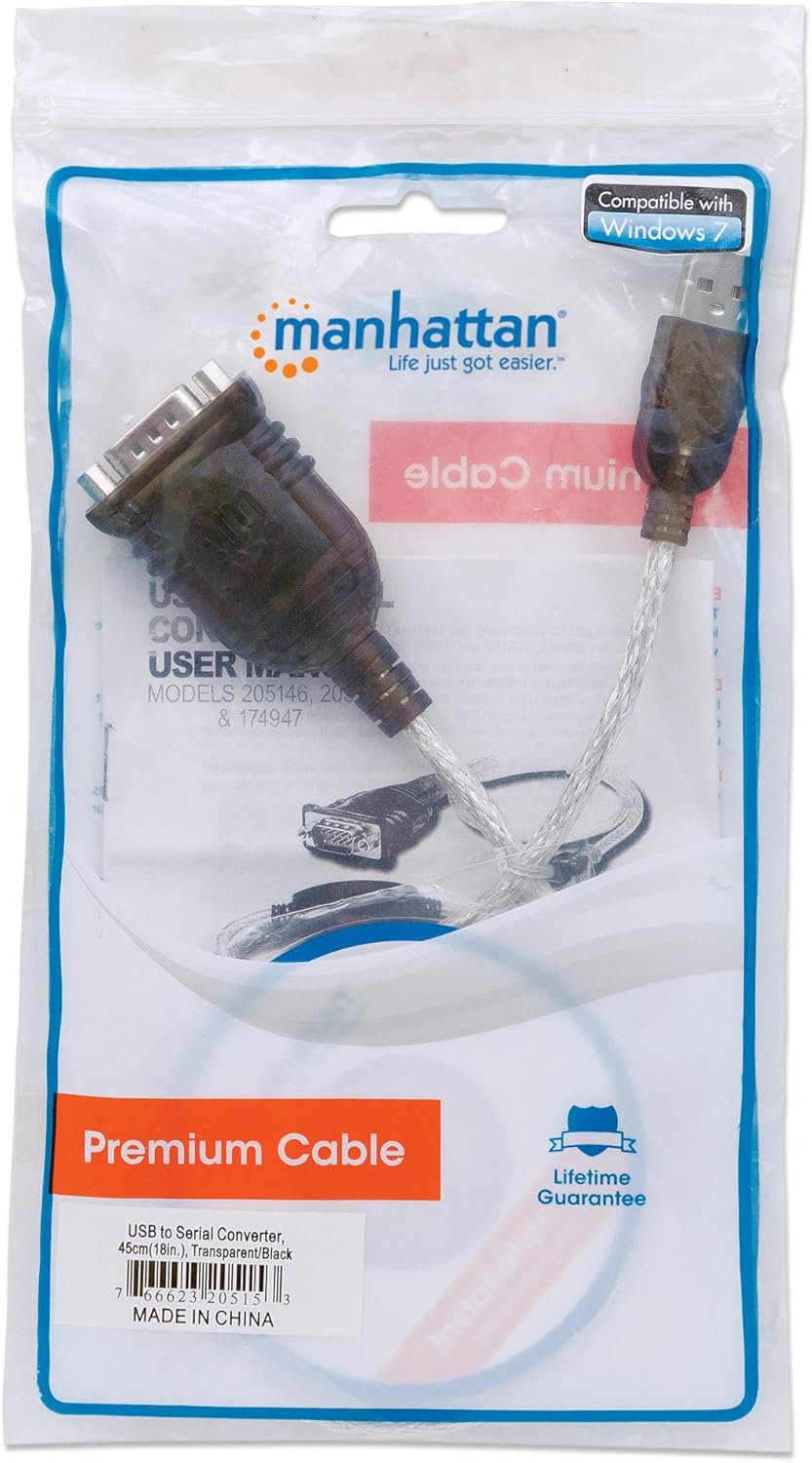 Manhattan USB to RS232 Serial Adapter Converter – Long 18 Inch Cable Cord, 24 AWG - Connects Serial Device to a USB Port