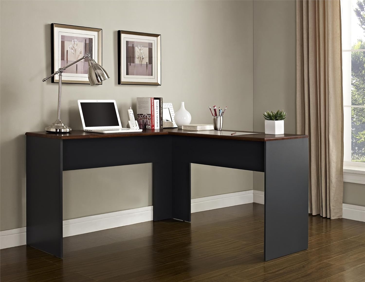 Ameriwood Home The Works 52inW L-Shaped Corner Desk, Cherry/Gray