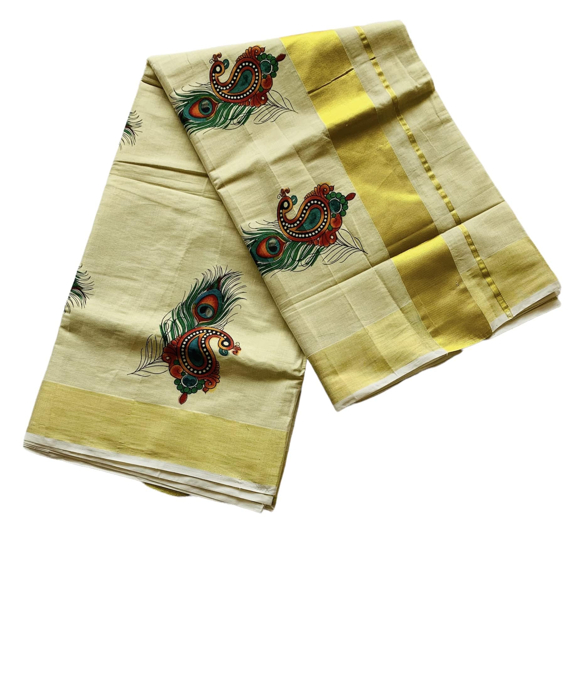 Women's Kuthampully Kerala Kasavu Saree Tissue Mural Painted | Traditional South Indian Saree | Kerala Saree - Multi Color EKM-637