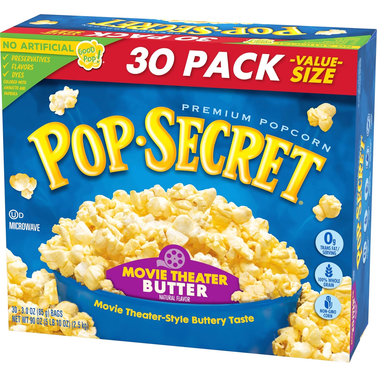 Pop Secret Microwave Popcorn, Movie Theater Butter Flavor, 3 Oz Sharing Bags, 30 Ct Movie Theater Butter 3 Ounce (Pack of 30)