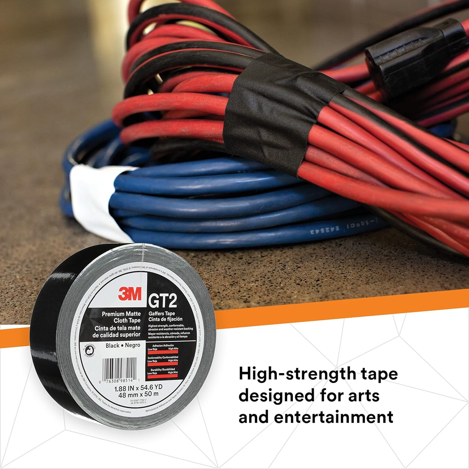 3M Premium Matte Cloth (Gaffers) Tape GT2, High-Strength, Indoor/Outdoor Use, Black, 48 mm x 50 m, 11 mil, 1 Roll, 98514