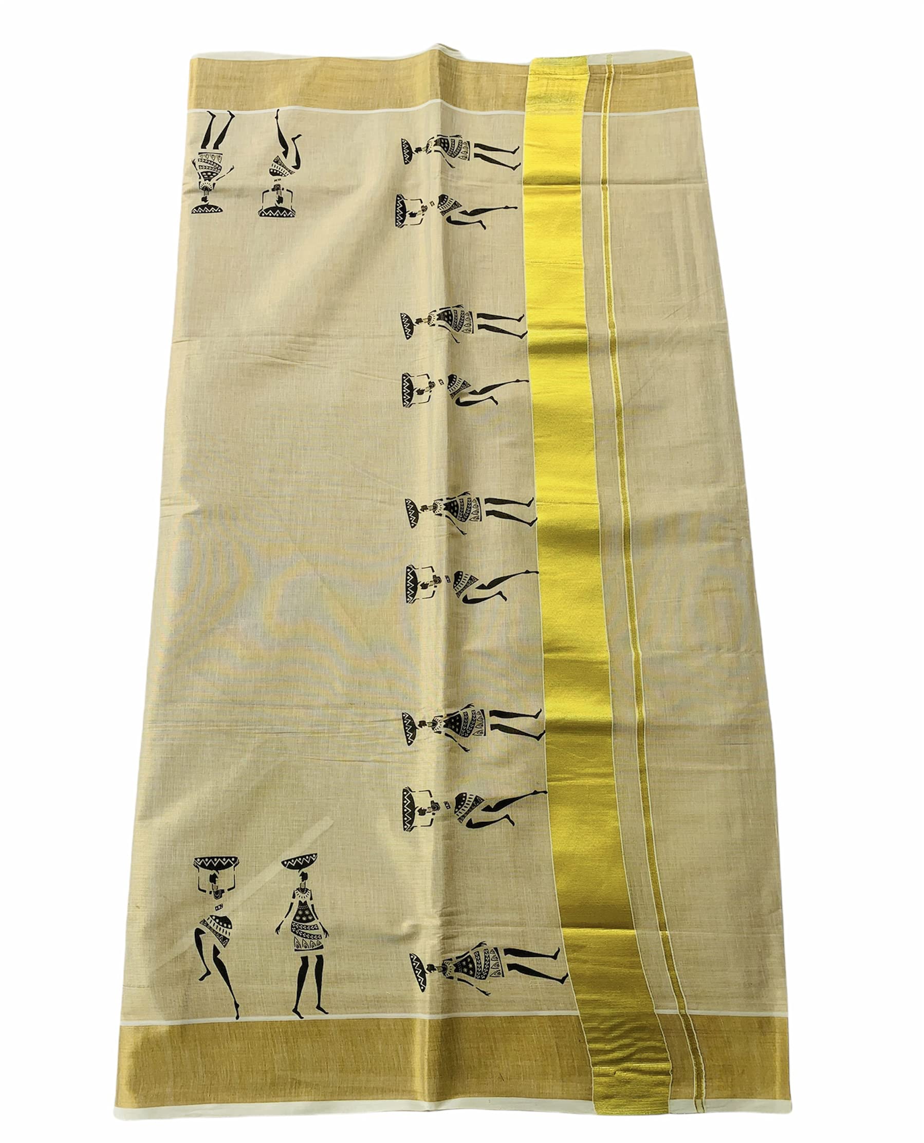 Womens Kuthampully Kerala Kasavu Saree Tissue Mural Painted | Traditional South Indian Saree | Onam Saree - Black Ktm-633