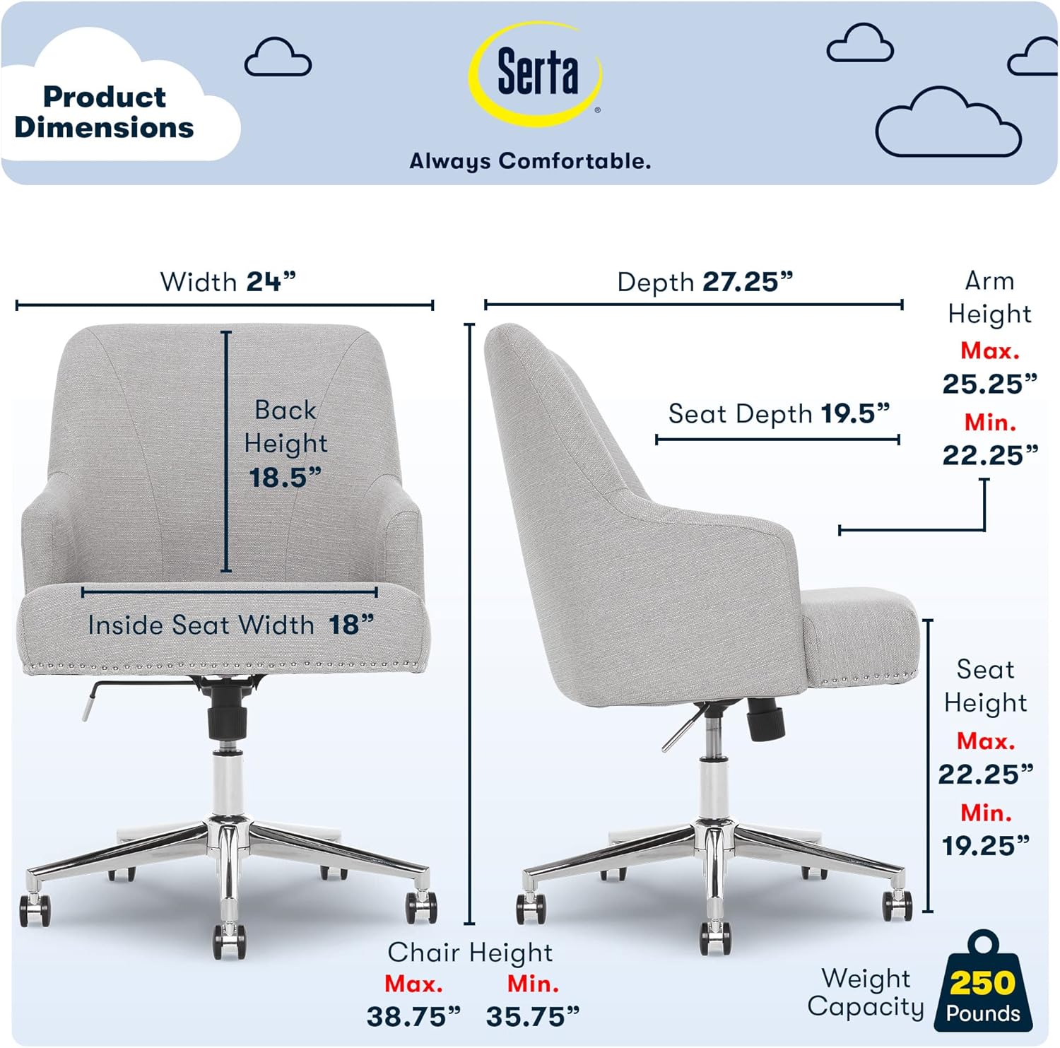 Serta Leighton Home Office Memory Foam, Height-Adjustable Desk Accent Chair with Chrome-Finished Stainless-Steel Base