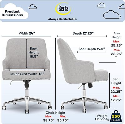 Serta Leighton Home Office Memory Foam, Height-Adjustable Desk Accent Chair with Chrome-Finished Stainless-Steel Base, Light Gray Light Gray Twill Fabric