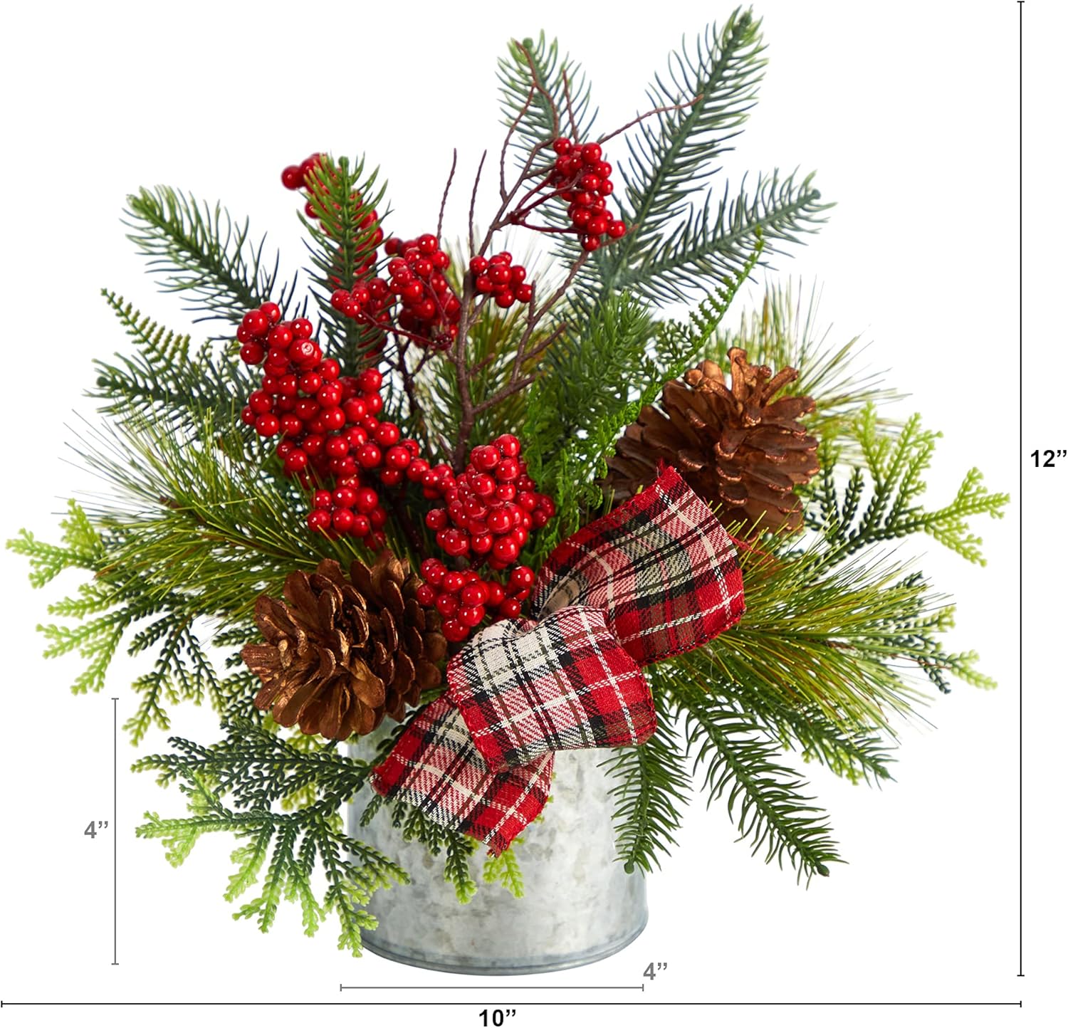 Nearly Natural 12in. Holiday Winter Pinecones, Berries, Greenery and Plaid Bow Artificial Christmas Table Arrangement 10 In