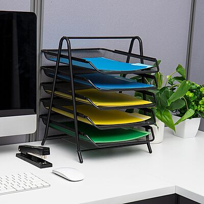 Mind Reader 5-Tier Paper Tray and 10 File Folders Desktop Organizer, 14-1/2inH x 14inW x 11-3/4inD, Black