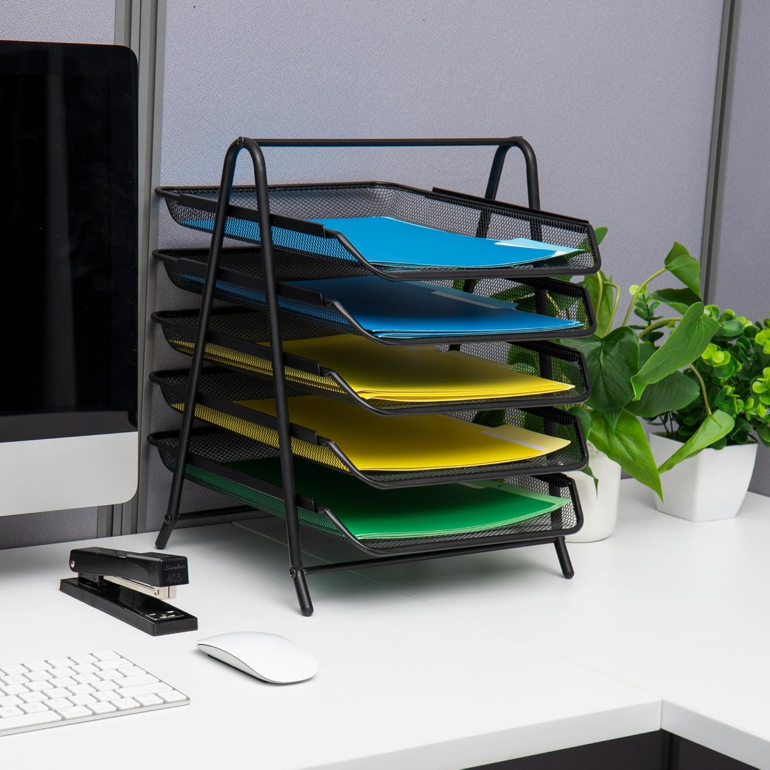 Mind Reader 5-Tier Paper Tray and 10 File Folders Desktop Organizer, 14-1/2inH x 14inW x 11-3/4inD, Black