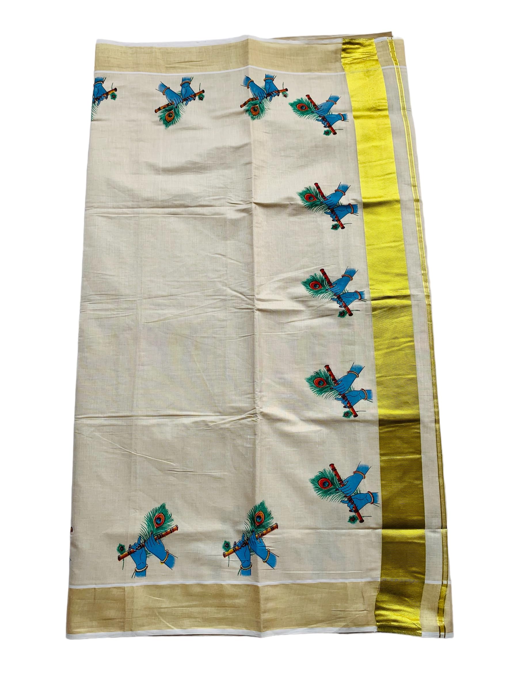 Kuthampully Kerala Kasavu Saree Tissue Mural Painted | Traditional South Indian Saree | Onam Saree - Multi Color KTM-621