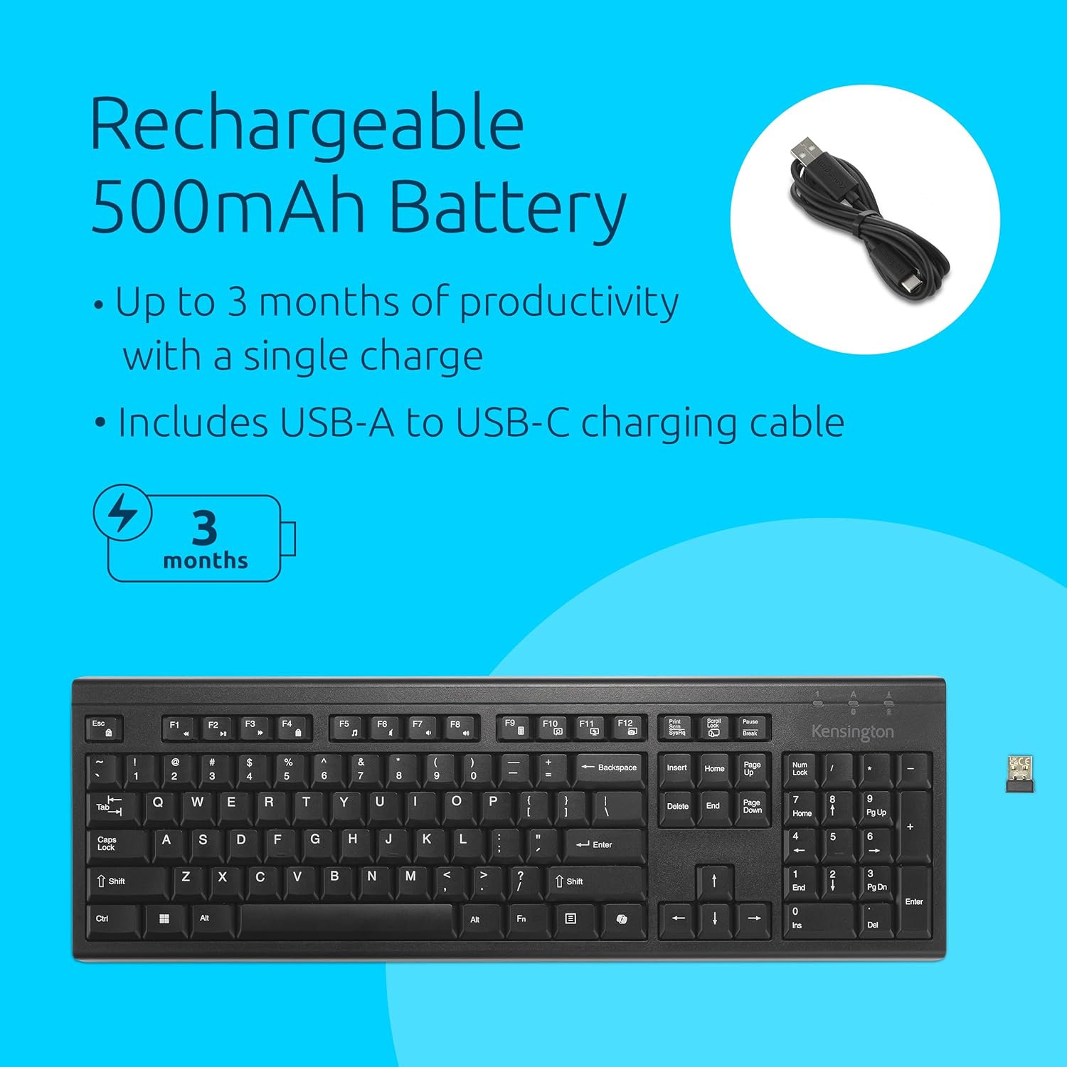 Kensington KB270 EQ Wireless Rechargeable Keyboard, Full-Size, Spill-Proof, 2.4GHz & Bluetooth 5.0 Connection