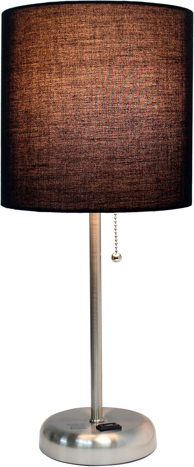 LIMELIGHTS Simple Designs LT2024 Stick Table Lamp with Charging Outlet and Drum Fabric Shade