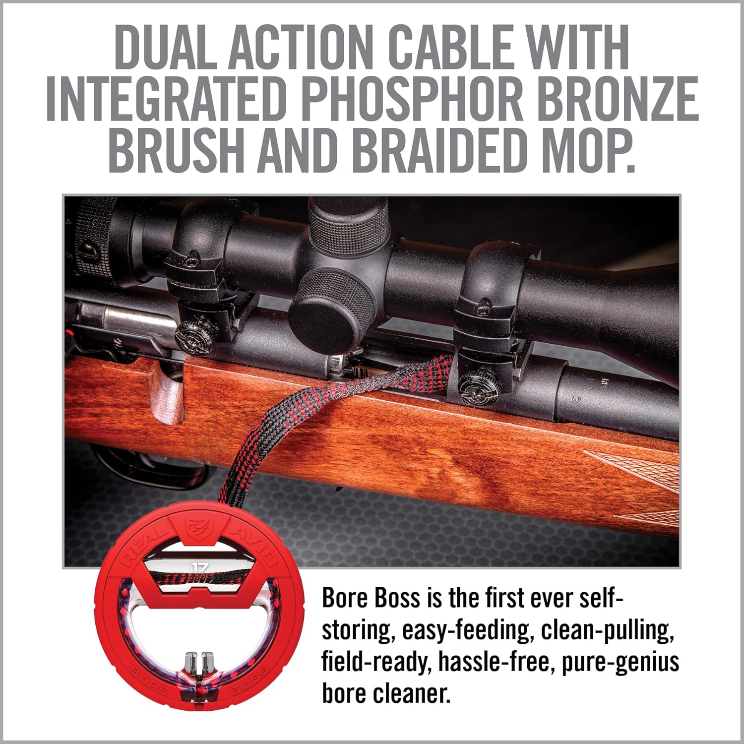 Real Avid Bore Boss Gun Cleaning System - Rapid Pull Through Barrel & Bore Cleaning Cable with Integrated Brush & Mop
