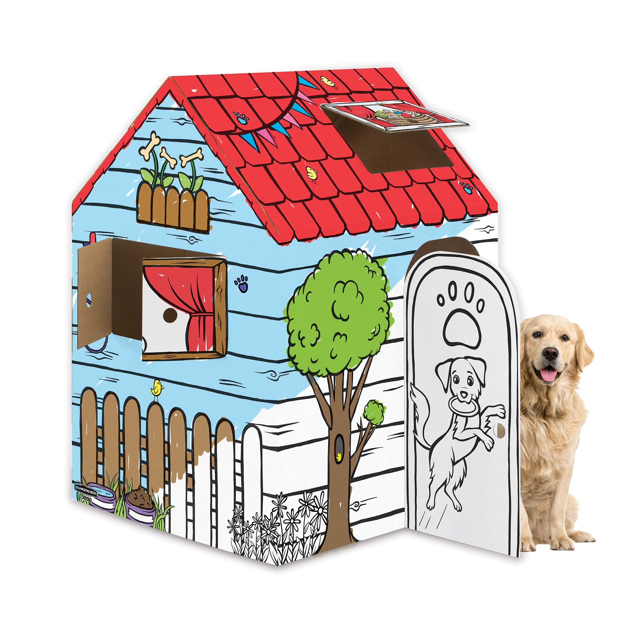 Bankers Box at Play Color in Dog Playhouse, Cardboard Playhouse for and Life Size Craft Activity for Kids and Families