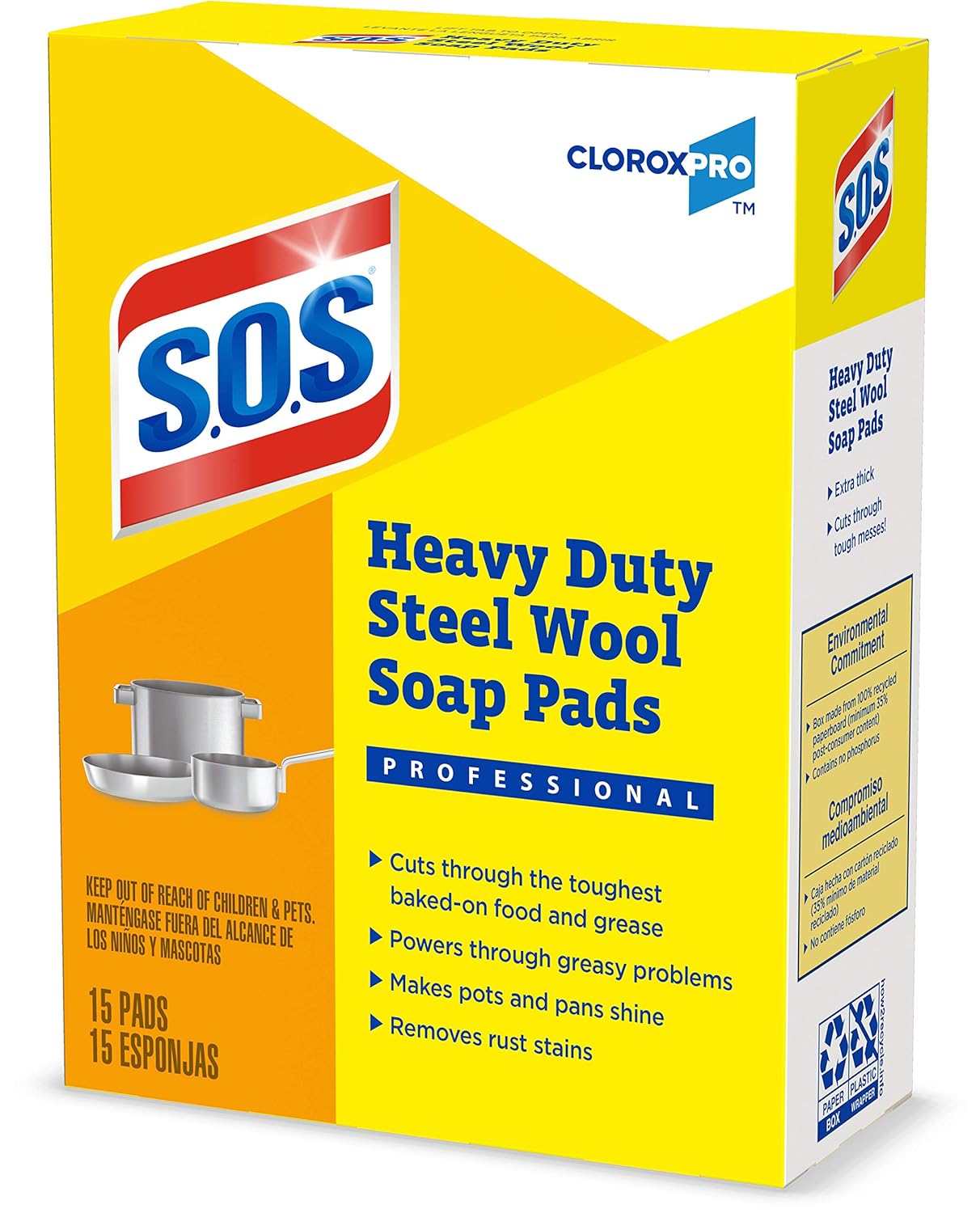CloroxPro S.O.S Steel Wool Soap Pads, 15 Ct., Pack of 12 (Pack May Vary)