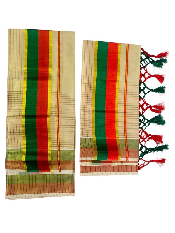 Women's Kuthampully Kerala Kasavu Set mundu Tissue with Kunjam | Kerala Tissue set mundu latest collections | Kuthampully Stripe Kasavu set mundu - Multi Color KTM-902 (Red)