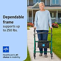 Medline Aluminum Rollator Walker with Seat, Green, 250 Lb. Weight Capacity, Lightweight, 6" Wheels, Foldable, Adjustable Handles, Rolling Walker for Seniors