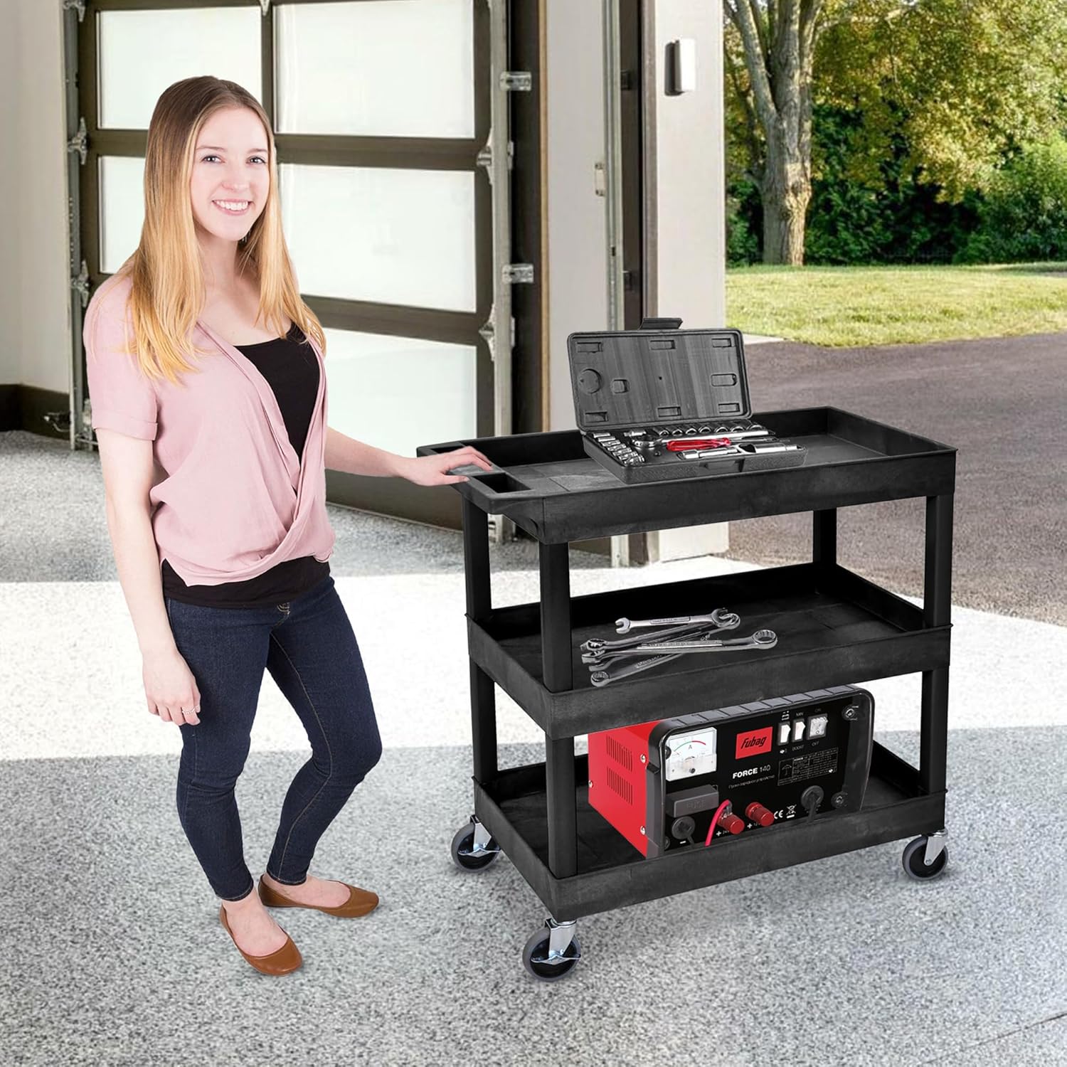 LUXOR EC111-B Heavy Duty Plastic Utility Cart, 32" x 18" Rolling Tub Cart with Three Shelves, 300 lbs. Capacity