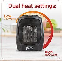 Black+Decker BHDC201 1,500-Watt Personal Ceramic Heater, 9-1/4inH x 7-5/16inW x 6-5/16inD, Black