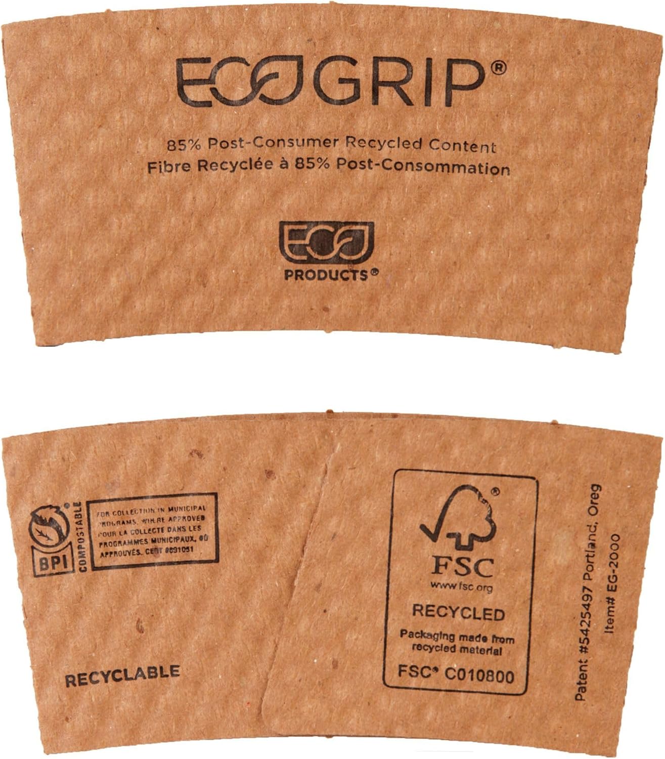 ECO PRODUCTS Recycled Coffee Cup Sleeves, Case Of 1300, Fits 10-20oz Hot Cups, Compostable, 100% Recycled Content With Up To 85% Post-Consumer Waste