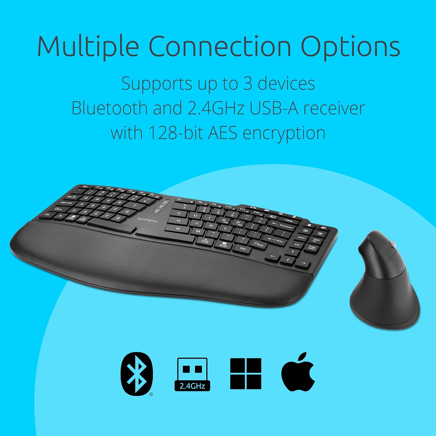 Kensington Pro Fit Ergo KM675 EQ Wireless Keyboard and Mouse, TKL Keyboard, Rechargeable Split Keyboard Ergonomic