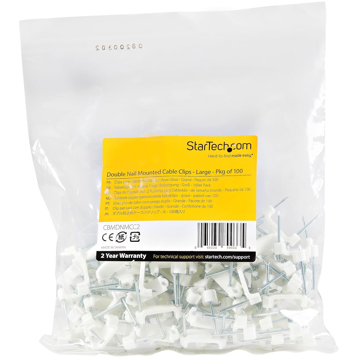 StarTech.com 100 Pack Cable Clips with Nails - Two Steel Nails - Reusable Nail-in Clamps - Brick/Drywall Cable Fasteners