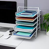 Mind Reader 5-Tier Paper Tray, Desktop Organizer, File Storage, Office, Metal Mesh, 11.75" L x 14" W x 14.5" H, White