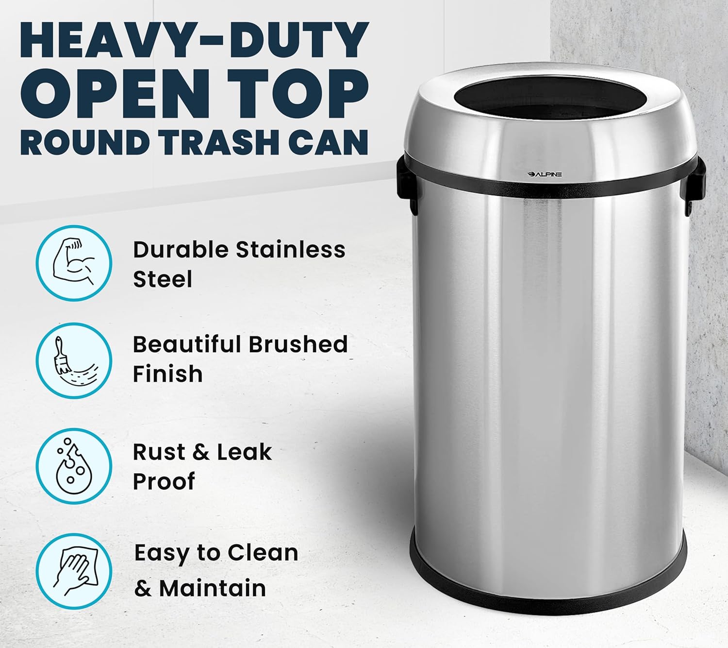 Alpine 17 Gallon Stainless Steel Open Top Trash Can – Commercial-Grade, Corrosion-Resistant, Brushed Finish
