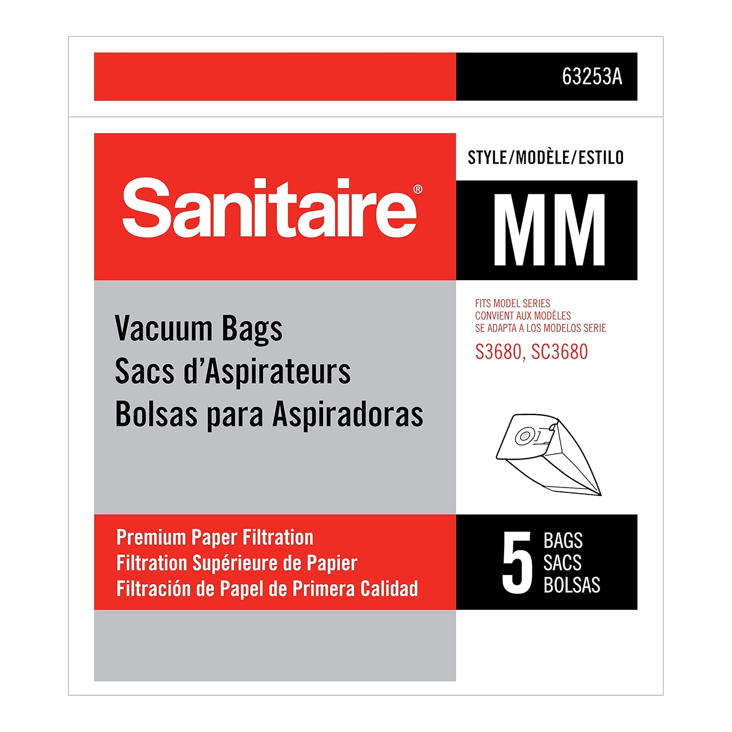 Sanitaire MM Premium Paper Bag (Pack of 5), Fits Models S3680 & SC3680 Canister Vacuums, 63253A, White