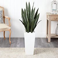 Nearly Natural 4’ Sansevieria Artificial White Tower Planter Silk Plants Green