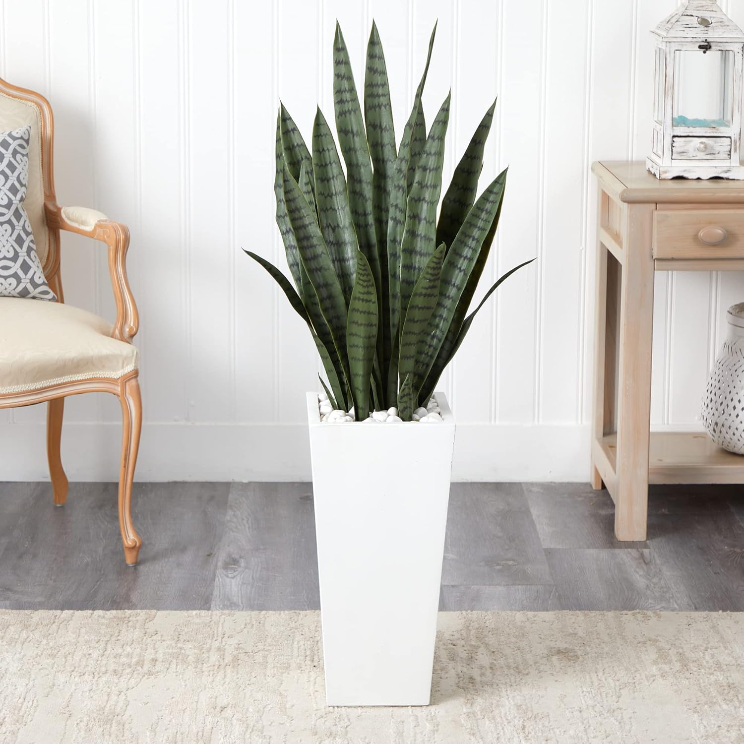 Nearly Natural 4’ Sansevieria Artificial White Tower Planter Silk Plants Green