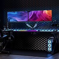 Mount-It! Heavy Duty Dual Monitor Arm up to 35 in. 44 lbs Screens, RGB Lights, 75x75 100x100 VESA Desk Mount for 2 Widescreen Curved Monitors 27 32 34 35 inches, Gas Spring, Clamp, Grommet, RGB Lights
