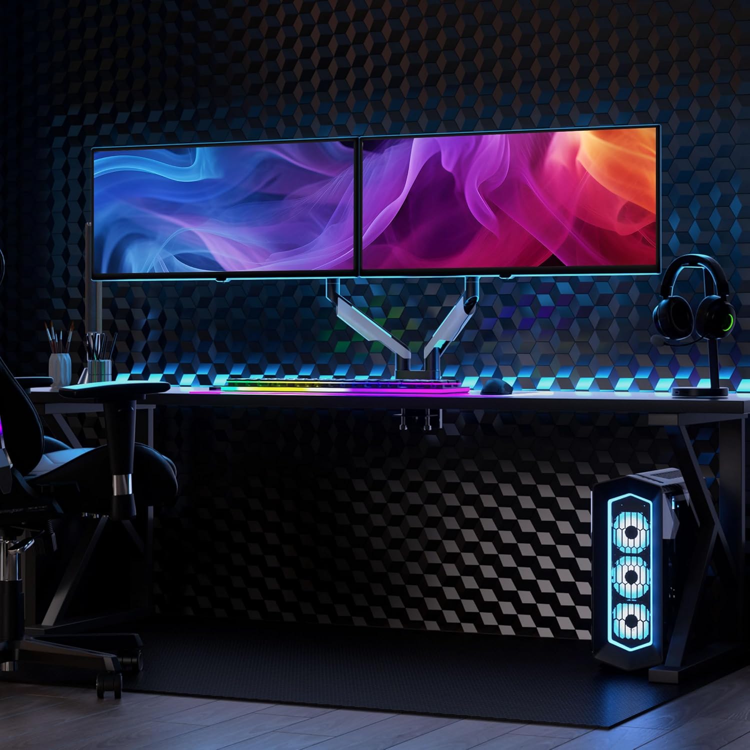 Mount-It! Heavy Duty Dual Monitor Arm up to 35 in. 44 lbs Screens, RGB Lights