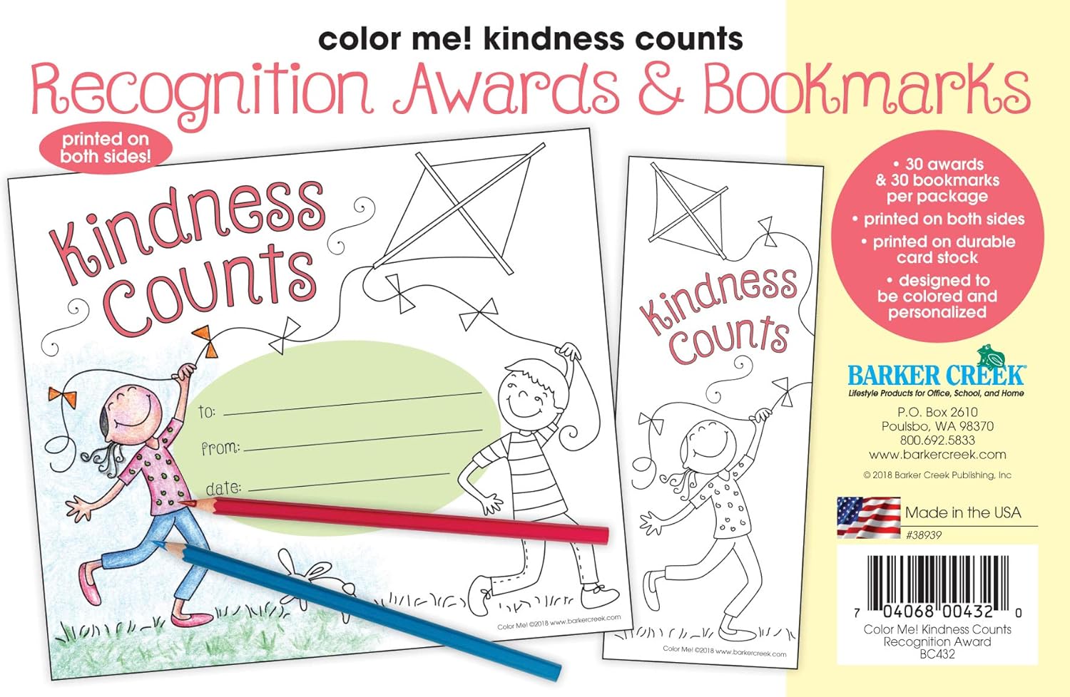 BARKER CREEK Recognition Awards and Bookmarks, Color Me Kindness Counts