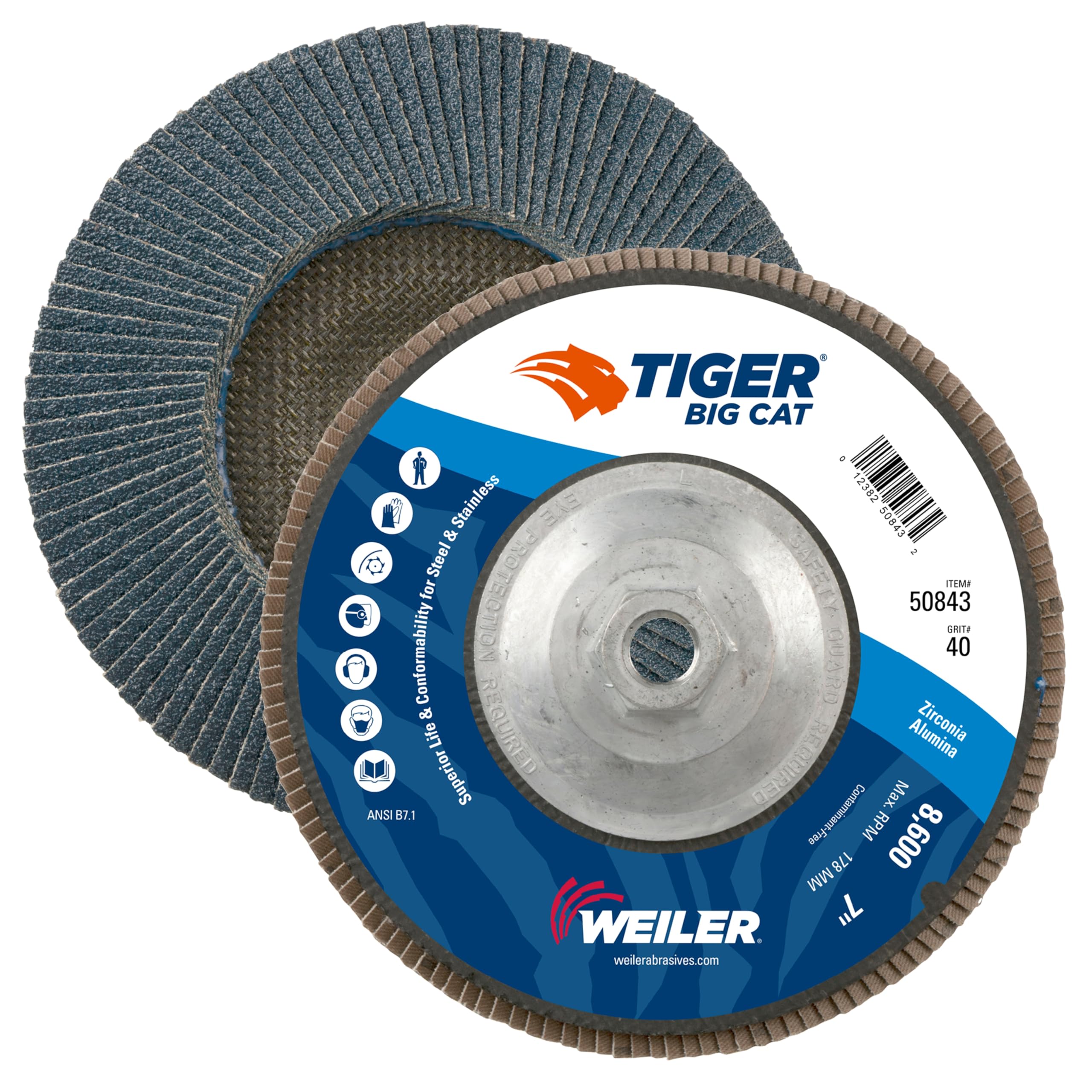Weiler 50843 Big Cat High Density Abrasive Flap Disc, Type 27, Threaded Hole, Phenolic Backing, Zirconia Alumina, 7" Dia
