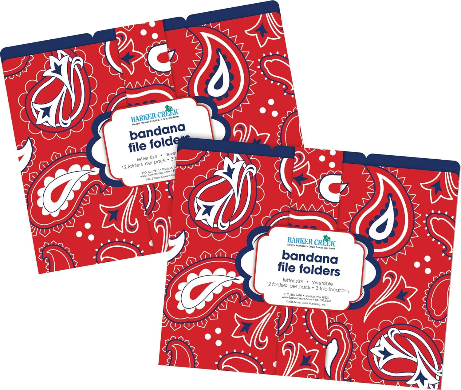 Barker Creek Designer File Folder Set of 24, Bandana, Colorful Bandana Pattern on Outside, Solid Navy Blue on Inside