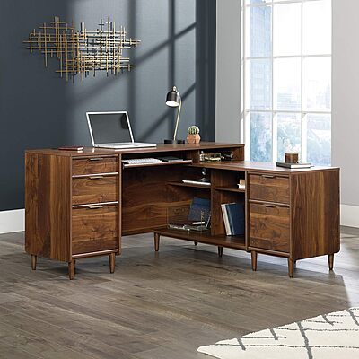 Sauder 59" L-Desk and Bookcase Bundle, Clifford Place Collection, Grand Walnut Finish L-Desk + 3 Tier Bookcase