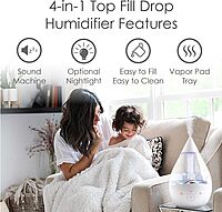CRANE Drop 4-in-1 Ultrasonic Cool Mist Top-Fill Humidifier with Sound Machine, Night Light & Aroma Tray