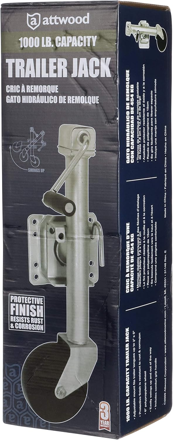 Attwood 11127-4 Fold-Up Trailer Jack, 1,000-Pound Capacity, 10-Inch Travel Lift, 24-Inch Lift, Single Wheel