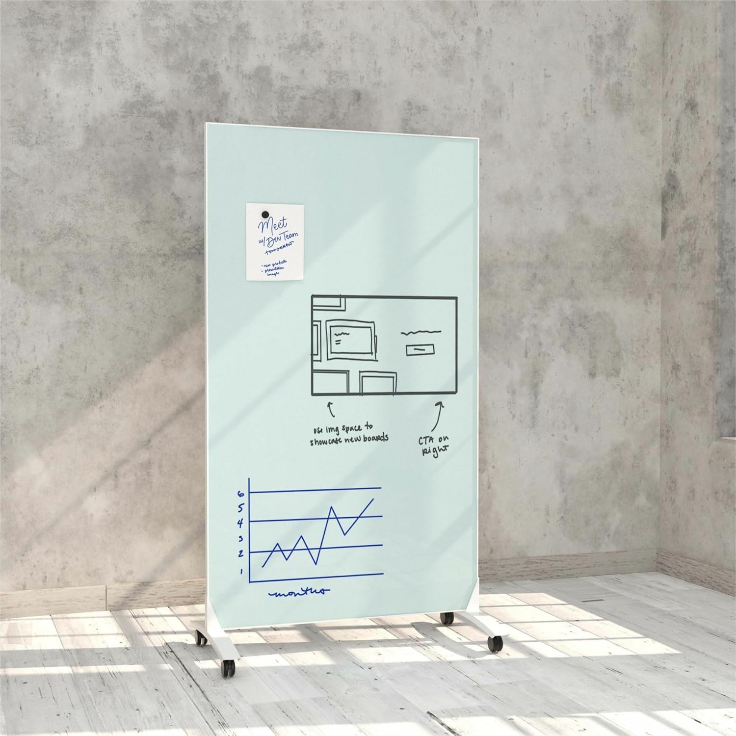 U Brands Double Sided Magnetic Glass Dry-Erase Mobile Floor Easel, 72in X 42, Actual Size 72in X 40in (4777U00-01)