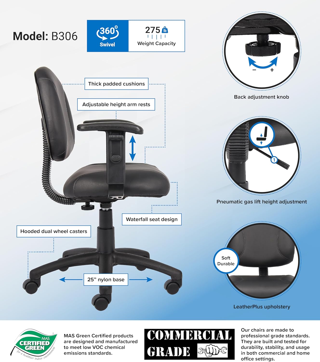 Boss Office Products Posture Task Chair with Adjustable Arms in Black Adjustable Arms Chair
