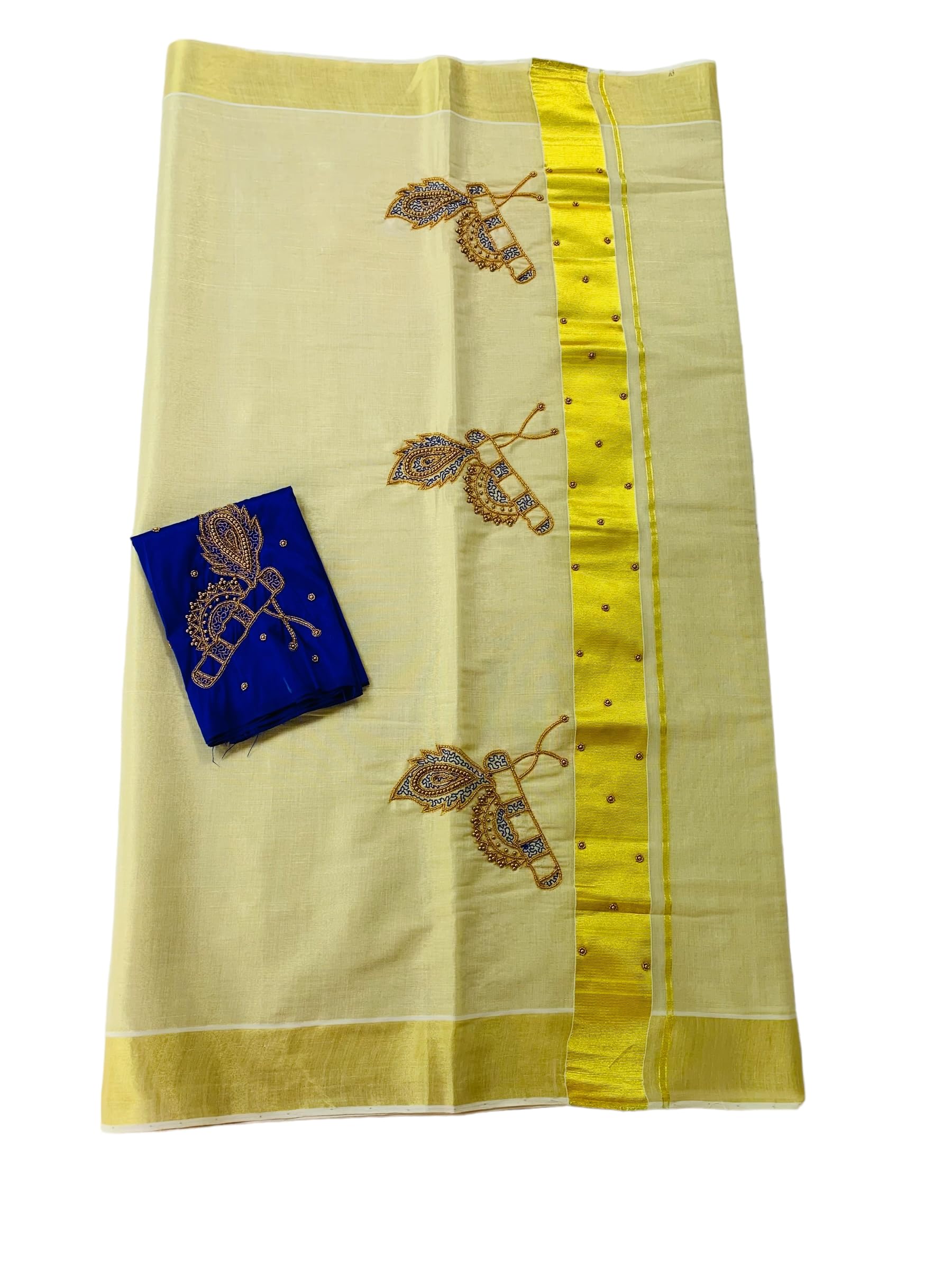 Kuthampully Kerala Kasavu Sarees For Women | Handcrafted Aari work Kerala Sarees | Tissue Onam Saree With Running Blouse | South Indian Sarees | Onam Saree - EKM-784 (Blue)