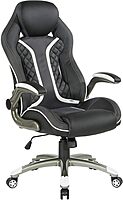 OSP Home Furnishings Xplorer 51 Ergonomic Adjustable High Back Gaming Chair with Lumbar Support and Padded Flip Arms, Black Faux Leather with White Trim