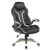 OSP Home Furnishings Xplorer 51 Ergonomic Adjustable High Back Gaming Chair with Lumbar Support and Padded Flip Arms, Black Faux Leather with White Trim