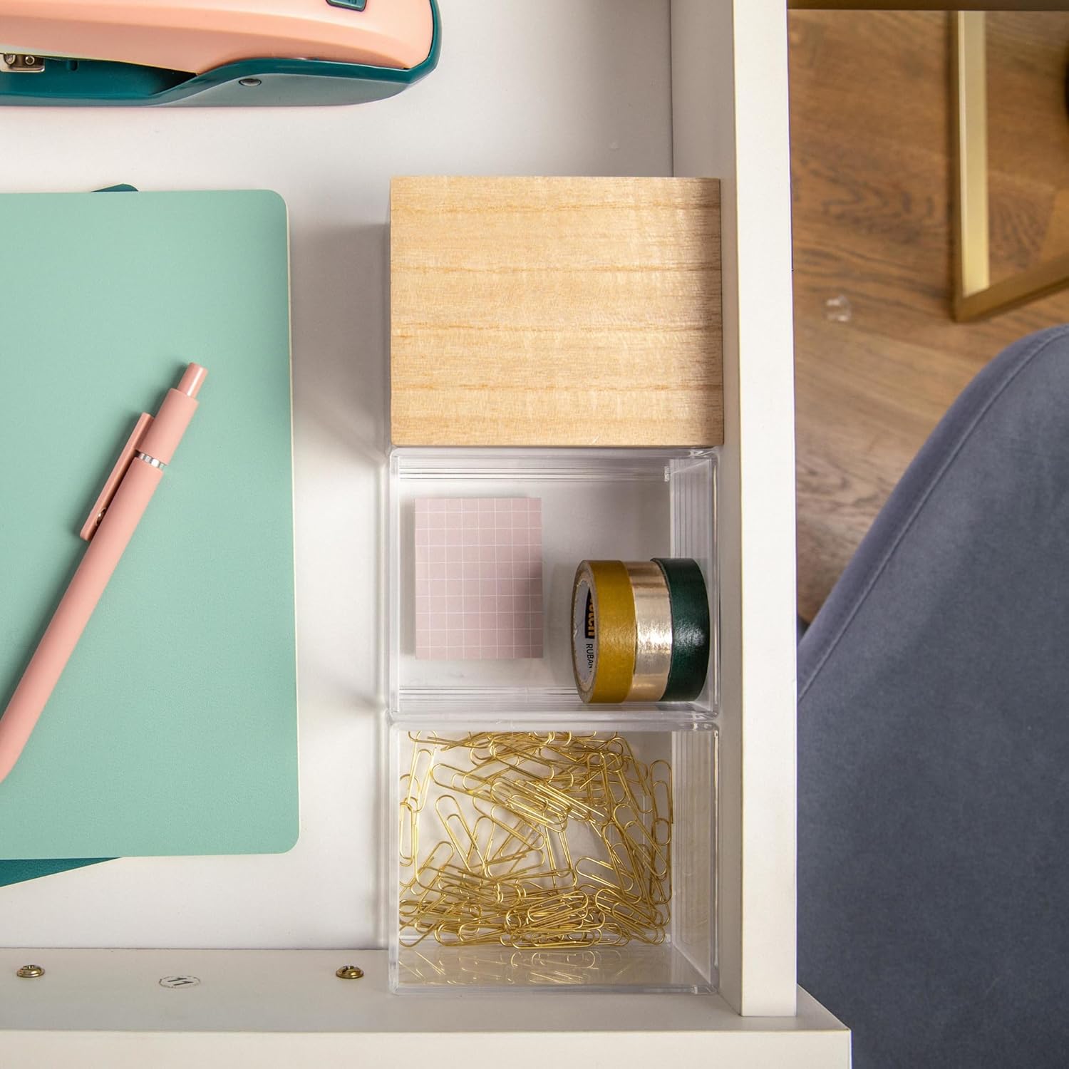 MARTHA STEWART Brody Plastic Storage Organizer Bins with Wood Lids