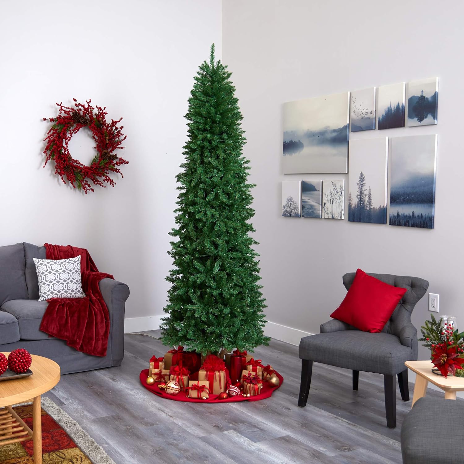 Nearly Natural 6.5ft. Slim Green Mountain Pine Artificial Christmas Tree with 300 Clear LED Lights 6ft 6in Green