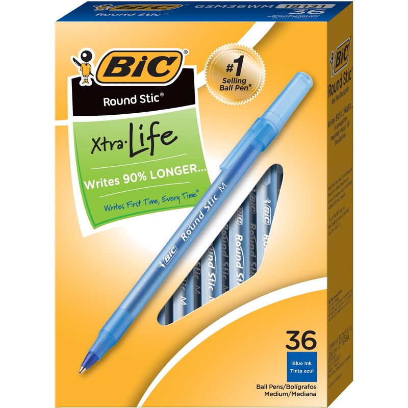 BIC Round Stic Xtra Life Blue Ballpoint Pens, Medium Point (1.0mm), 36-Count Pack of Bulk Pens, Flexible Round Barrel for Writing Comfort, No. 1 Selling Ballpoint Pens