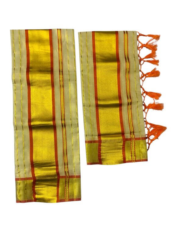 Women's Kuthampully Kerala Kasavu Set mundu Tissue Stripe with Kunjam | Kerala Tissue set mundu onam latest collections | Stripe Kasavu set mundu - Multi Color KTM-911 (Orange)