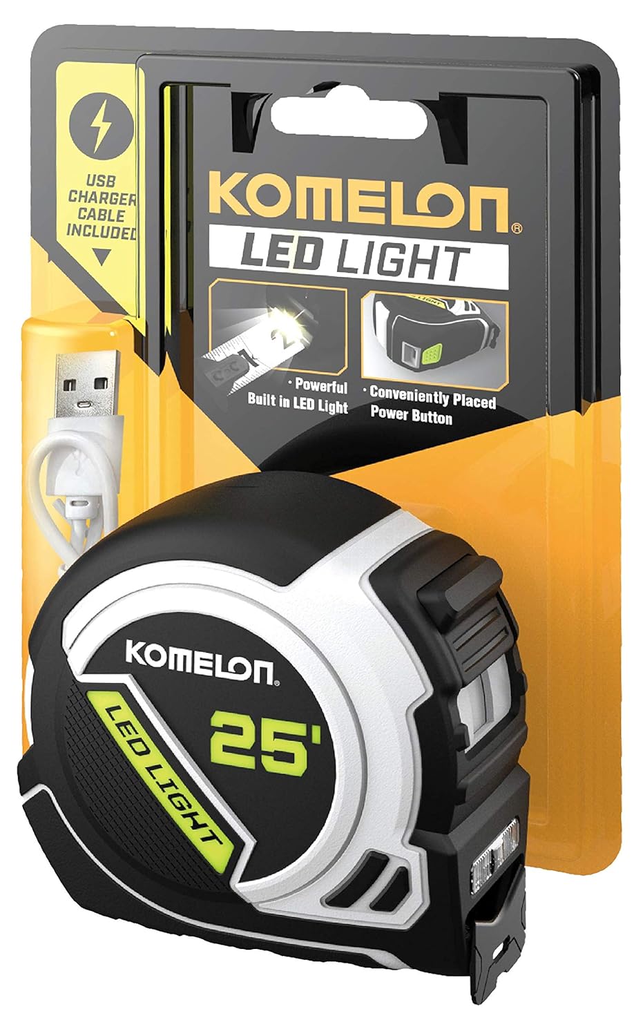 Komelon LED Light Tape Measure, White/Black - 25ft. - 25LED Standard - 25 Foot