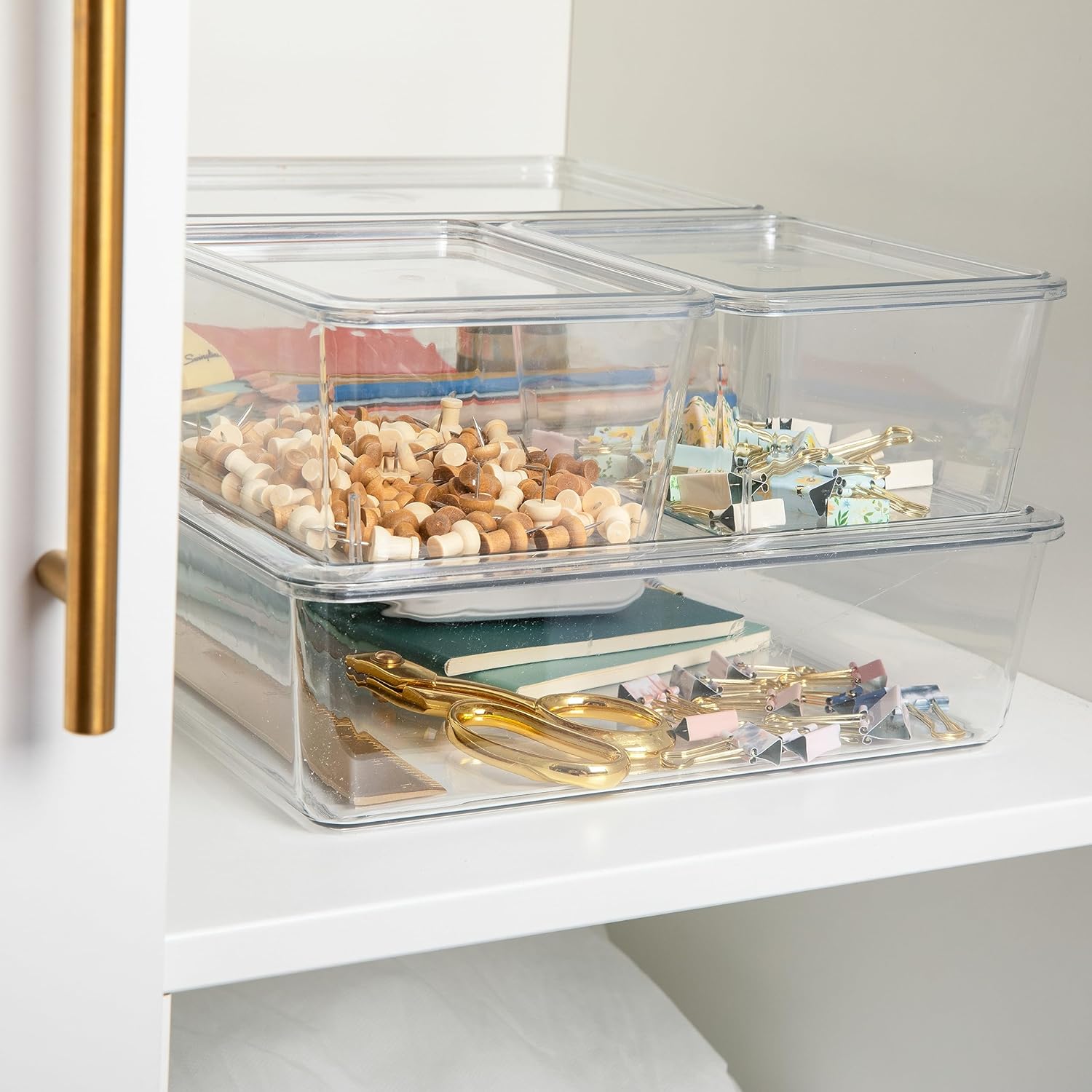 Martha Stewart Brody Plastic Storage Organizer Bins with Lids for Home Office, Kitchen, or Bathroom, 8 Pack